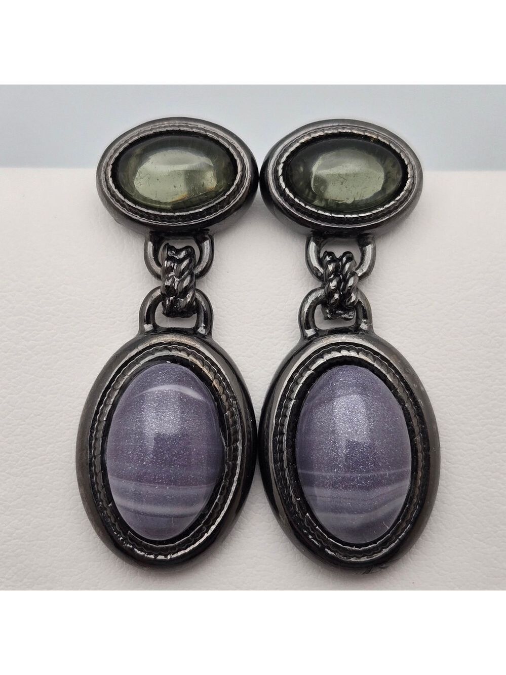 ✨2/$10✨ Gunmetal Cabochon Drop Earrings Purple Green Statement 1.5”